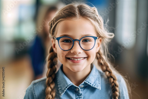 Illustration of a young German girl with glasses smiling for the camera on her first day of school created with Generative AI technology
