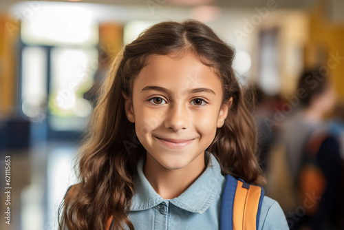 Illustration of a young Spanish girl with long hair wearing a backpack, ready for school created with Generative AI technology