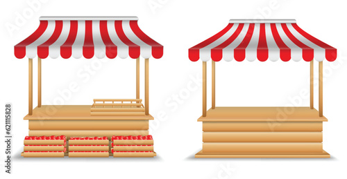 realistic market stall wooden kiosk or market stall with striped awning isolated. 3d illustration