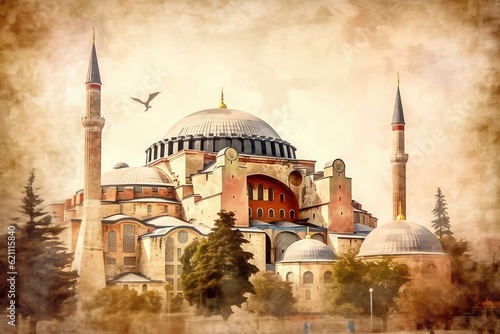 Hagia Sofia is a church in Istanbul, Turkey. Sultanahmets Hagia Sofia is shown in a digital watercolor over an antique paper texture. photo