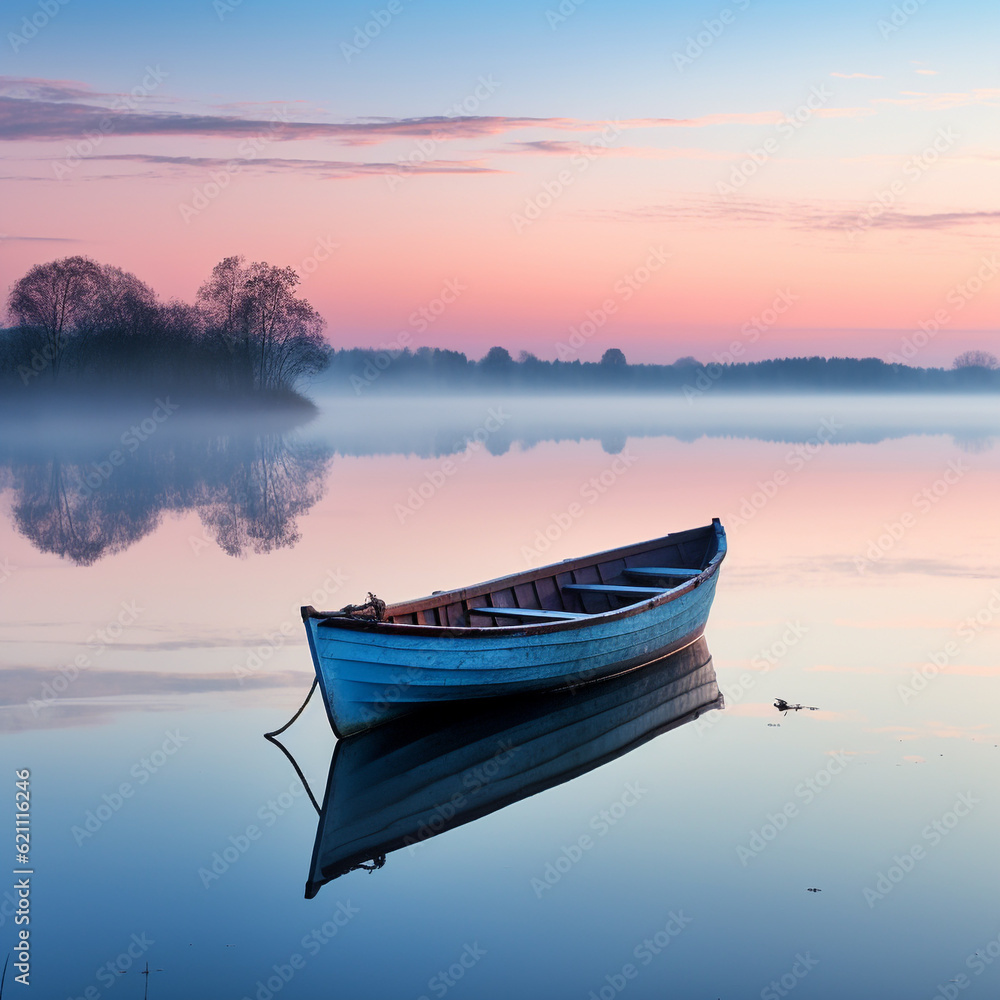 Peaceful dawn over a calm lake with a solitary rowing boat in the distance