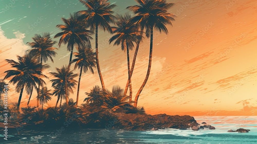 Images of palm palms along a tropical seashore with retro colors and film-like styles. made using generative AI tools
