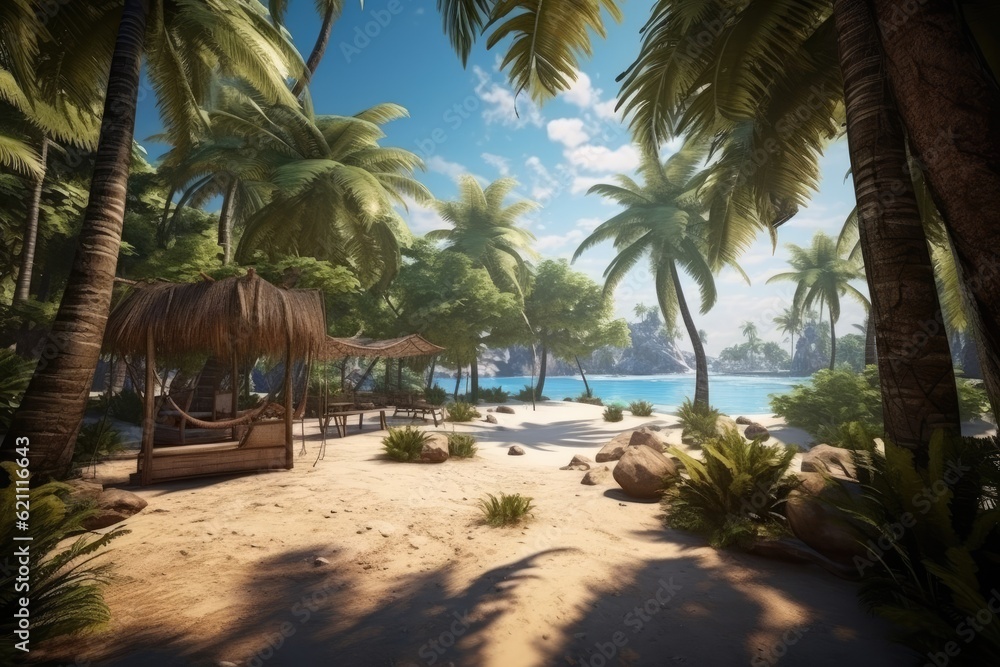 Obraz premium On a sandy tropical beach, under a canopy of coconut palms. a hypothetical scenario for organizing vacations and trips