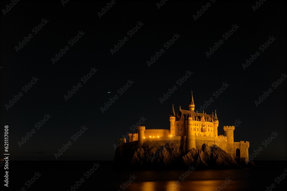 A castle floating on a cloud over a moonlit sea A castle floating on a cloud over a moonlit sea