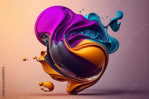Vibrant 3D painting: Surrealistic, flowing textures meet colorful explosions and flowing fabrics in light orange and beige hues. Rendered in Cinema4D, stunning fusion of cyan and bronze. Generated AI photo