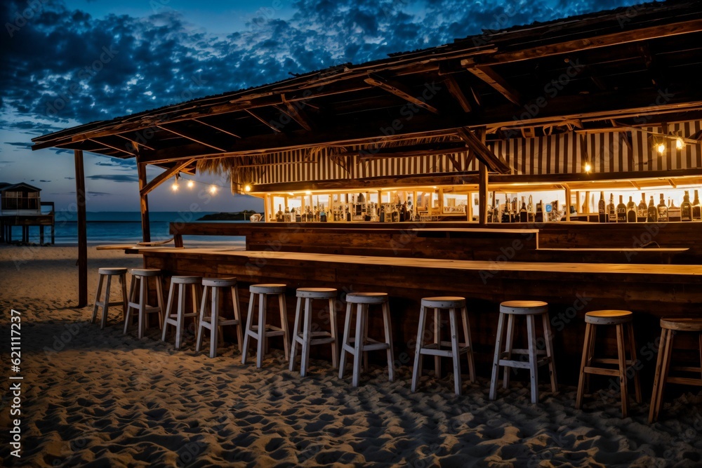 A deserted beach bar stools overturned as the night sets in