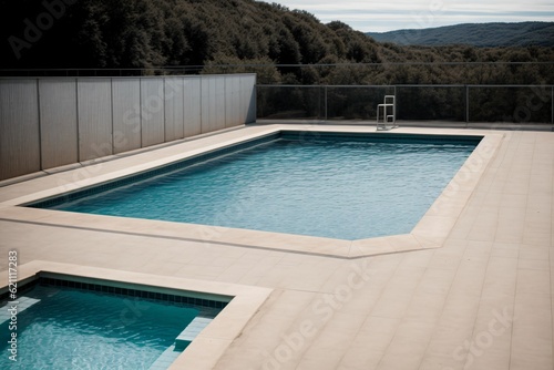 A diving board overlooking an empty swimming pool