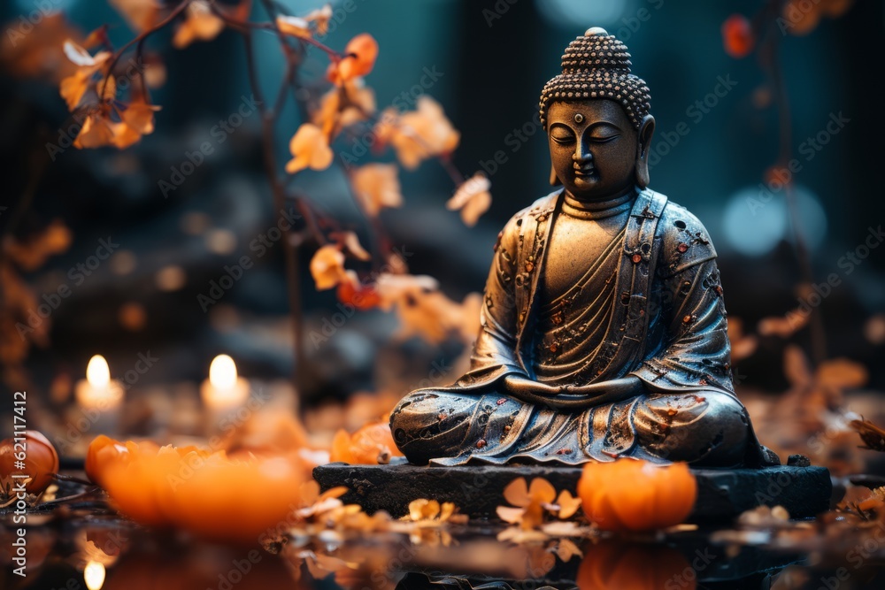 A thought-provoking photograph of a Buddha statue in a contemplative pose, inviting viewers to reflect on the principles of Buddhism and its message of compassion and enlightenment. Generative AI