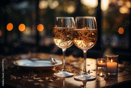A captivating close-up shot of two champagne glasses clinking together, showcasing the celebration and toast to love. Generative Ai