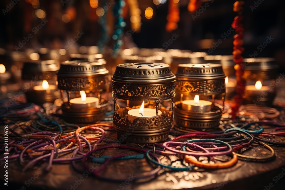 An inspiring image of a Buddhist prayer lantern with colorful prayer flags fluttering in the background, representing the spreading of positive energy and prayers. Generative Ai An inspiring image of a Buddhist prayer lantern with colorful prayer flags fluttering in the background, representing the spreading of positive energy and prayers. Generative Ai