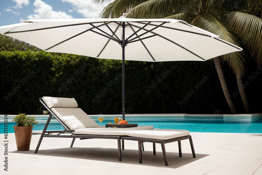 A patio umbrella shading a single lounge chair