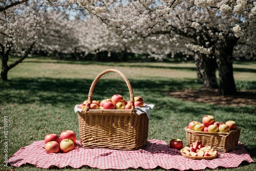 A picnic basket waiting for its guests under a blossoming apple tree