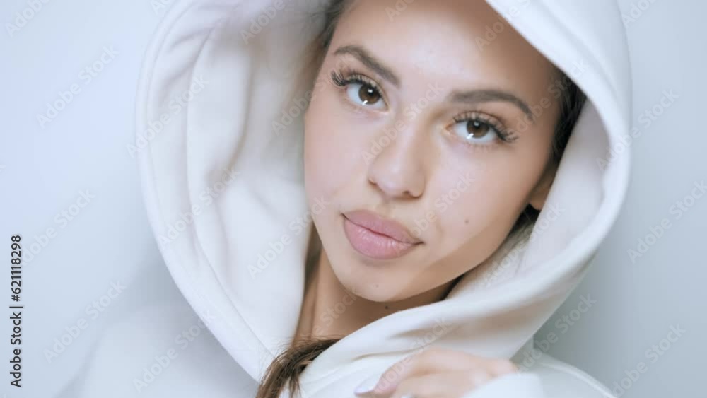 portrait video of a brunette with big eyes and lips portrait video of a brunette with big eyes and lips