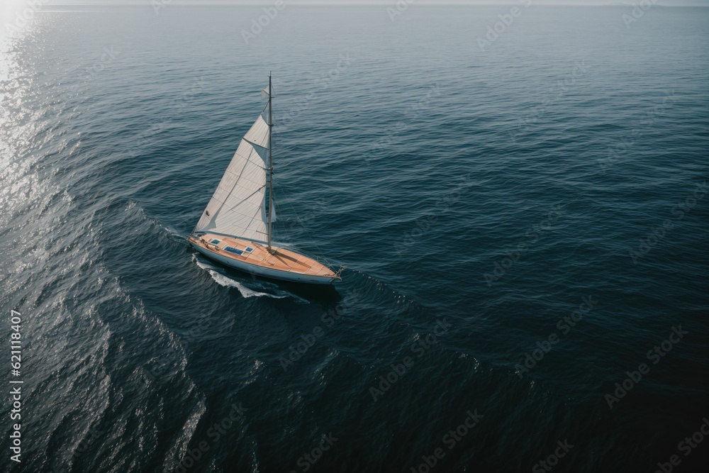 A single sailboat floating on a calm glassy sea
