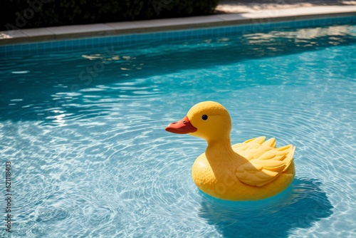 A single rubber duck floating in a blue garden pool