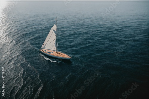 A single sailboat floating on a calm glassy sea © Pixloom
