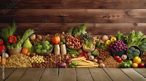the backdrop of healthful eating. Healthy foods include fresh veggies, nuts, and fruits. against a backdrop of wood. looking up. the arrow keys