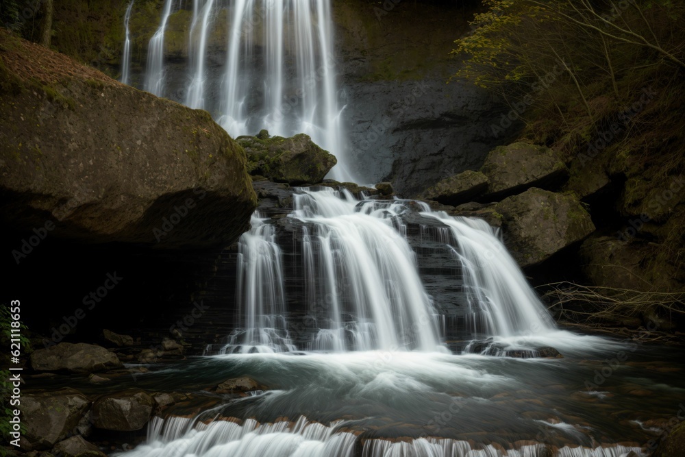 Fototapeta premium A waterfall flowing upwards into a glowing sky