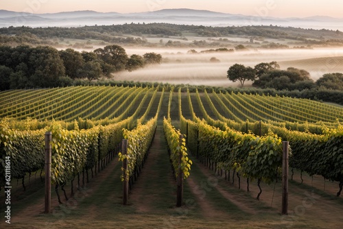 A vineyard at dawn rows vanishing in mist