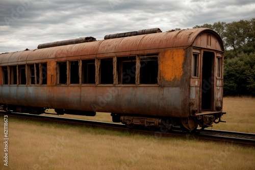 A weathered abandoned train car in a field © Pixloom