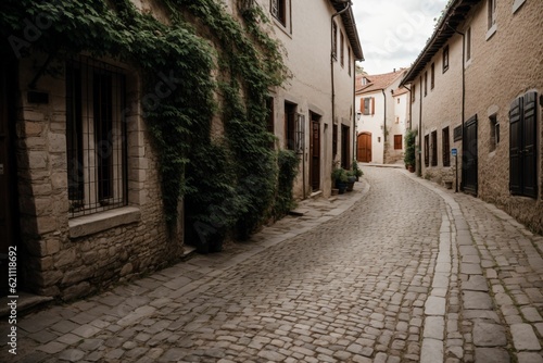 A winding cobblestone path through a sleepy village © Pixloom