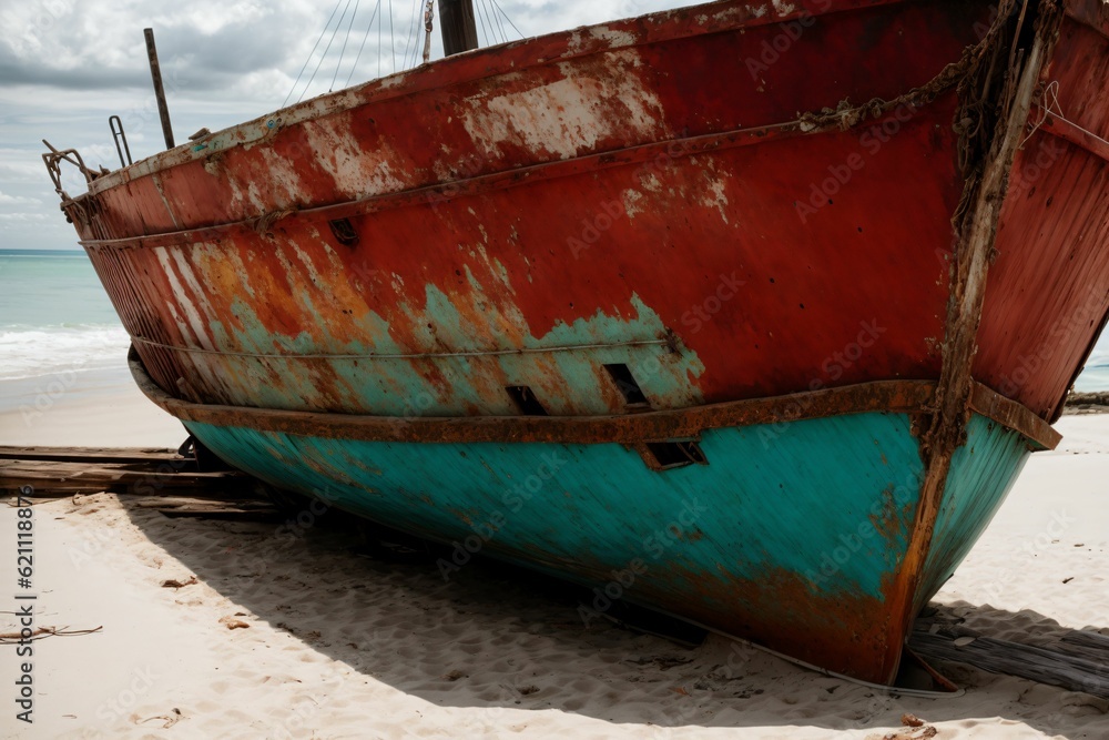 An abandoned boat rusting on a deserted beach An abandoned boat rusting on a deserted beach