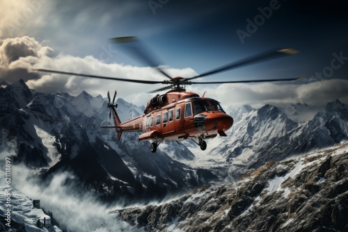 Helicopter hovering over snow-covered mountains during a daring winter rescue mission, showcasing the importance of timely and efficient emergency response. Generative Ai
