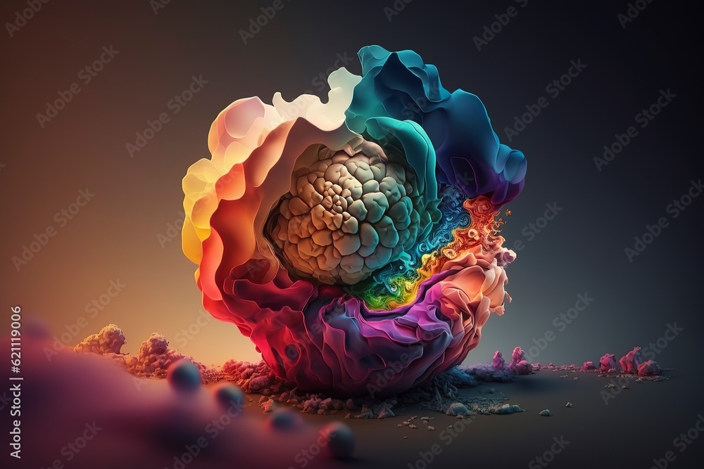 Vibrant 3D painting: Surrealistic, flowing textures meet colorful explosions and flowing fabrics in light orange and beige hues. Rendered in Cinema4D, stunning fusion of cyan and bronze. Generated AI