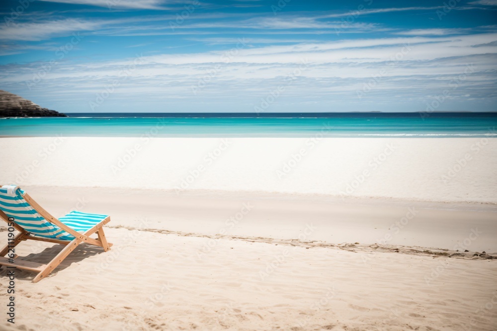 An empty deckchair overlooking a deserted sandy beach