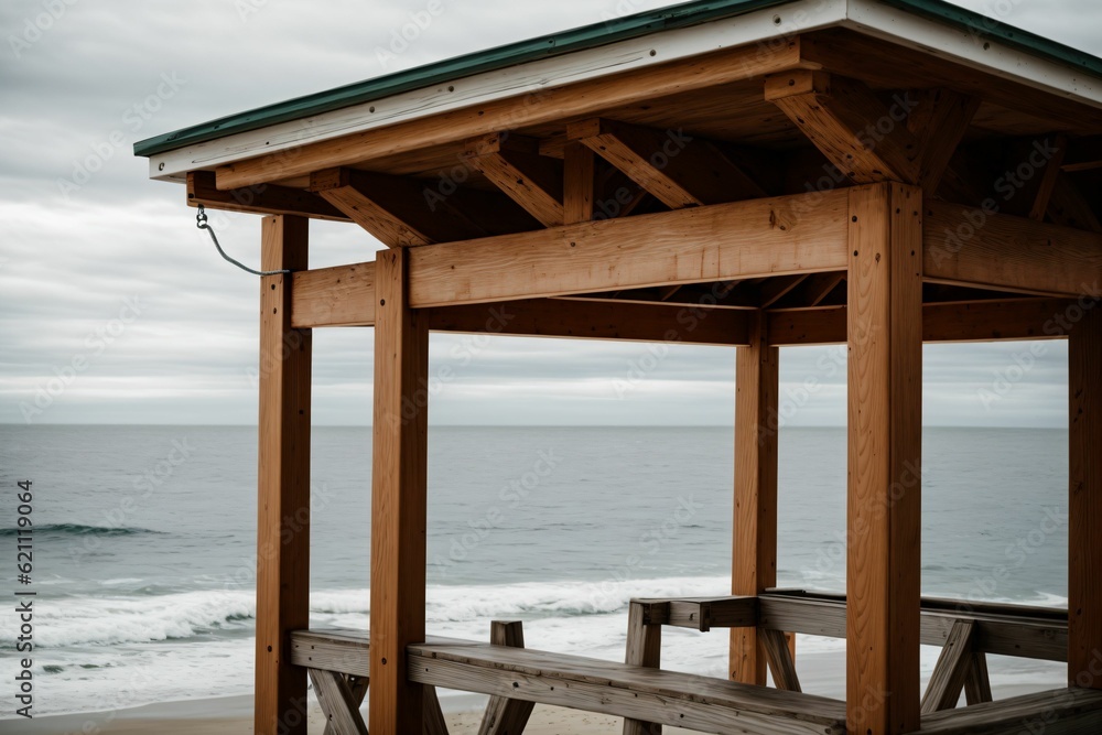 An empty lifeguard stand overseeing the calm ocean