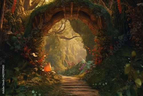 The location is fantastical, with an enigmatic gateway and a mythical forest. The animated rendition of the entrance to the faerie kingdom