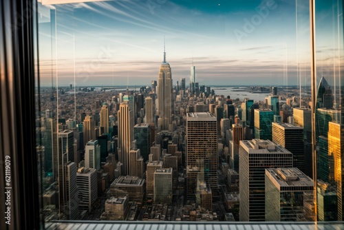 An ethereal city skyline reflected in a dewdrop