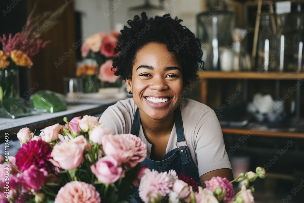African american florist woman makes a flowers bouquet in floral shop African american florist woman makes a flowers bouquet in floral shop