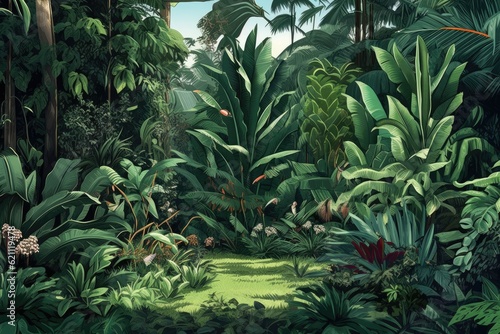 The digital artwork depicts a cartoon-like green tropical jungle replete with banana palms and exotic vegetation.