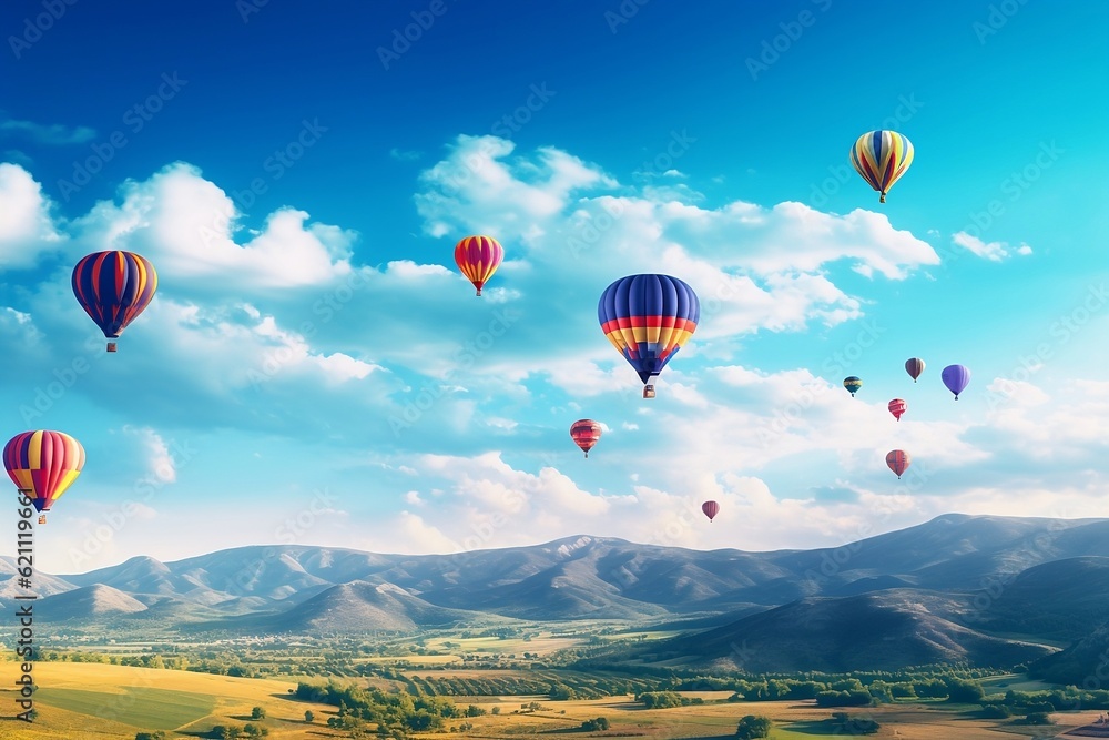 colorful hot air balloon flying over the hill against bright blue sky.
