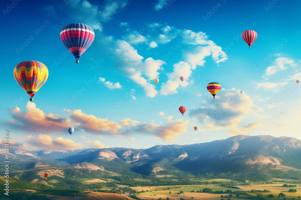 Fototapeta premium colorful hot air balloon flying over the hill against bright blue sky.