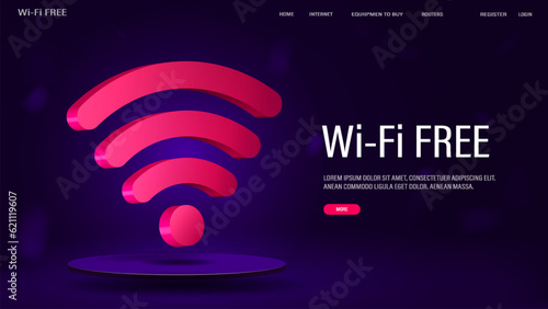 3d Wi-Fi symbol in pink on a blue podium with a shadow. A web banner for a website with a free Internet connection.