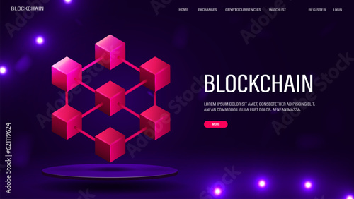 3D pink blocks on the podium. A web banner with the blockchain concept on a dark blue and purple background with text.