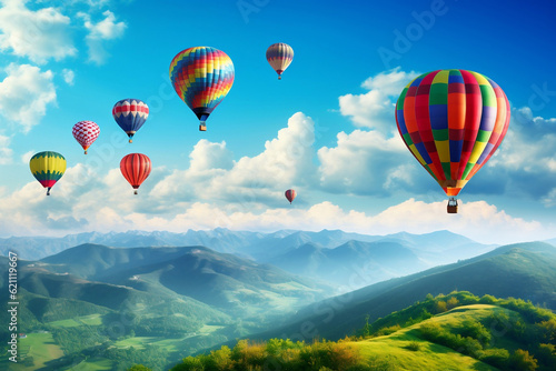 colorful hot air balloon flying over the hill against bright blue sky. © thebaikers