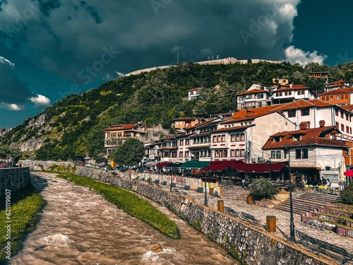 Prizren City center with the river on a beautiful sunny day. City View in Kosovo 