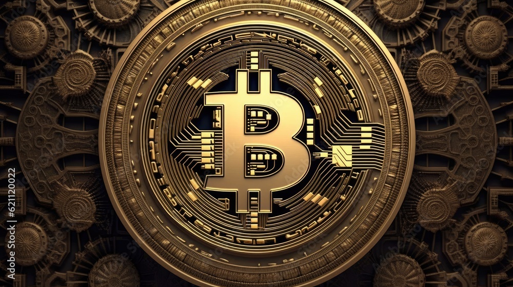 Bitcoin in gold on a dark background. new digital money. Digital money. Decorating using ones own artwork. concentrated attention Bitcoin in gold on a dark background. new digital money. Digital money. Decorating using ones own artwork. concentrated attention