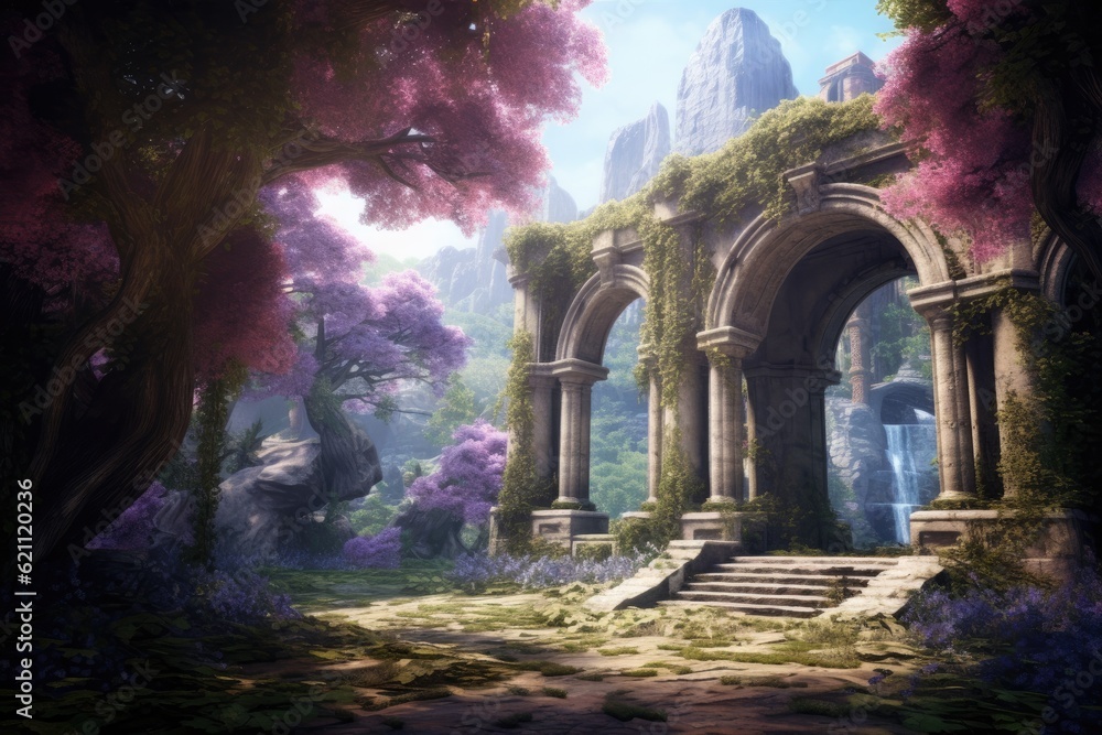 Imaginary setting with lilacs and a stone arch. A stone arch, a garden of lilacs, and a doorway leading to another planet Imaginary setting with lilacs and a stone arch. A stone arch, a garden of lilacs, and a doorway leading to another planet