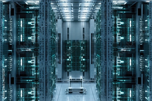 symmetrical rows of equipment in a room with a data center. made using generative AI tools