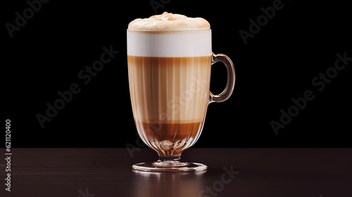 A delectable picture presenting a perfectly poured coffee latte, featuring a creamy layer of milk atop a velvety espresso. Generative AI