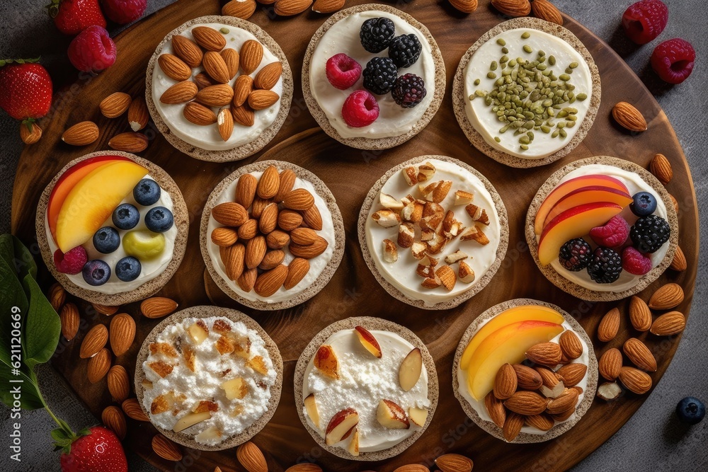 View from the top of rice wafers with cream cheese, fresh fruits, seeds, and almonds. Rice cakes are a healthy breakfast or dessert option. View from the top of rice wafers with cream cheese, fresh fruits, seeds, and almonds. Rice cakes are a healthy breakfast or dessert option.