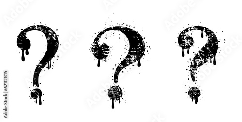 Set of grunge and dirty question marks. Spray painted graffiti question marks with flowing drops of paint. Black signs collection isolated on white background. Vector illustration