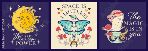 Collection of mystic beauty Inspirational, bohemian prints with quotes, uplift spirits and self-power. Magic vibe aesthetic. Vintage celestial vision graphic. Positive motivational energy.