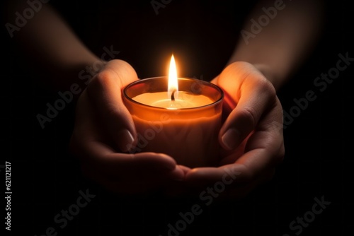 Fototapeta Burning candle in female hands with selective focus