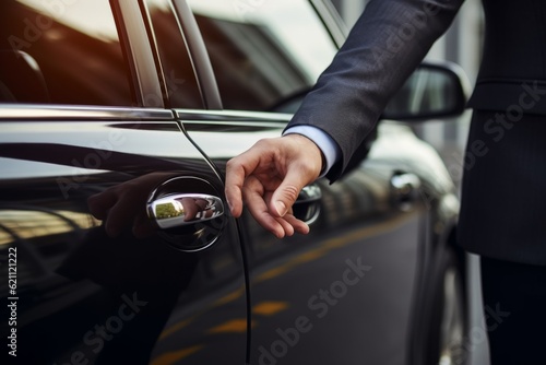 Photo A businessman's hand reaches for the door of a luxury car