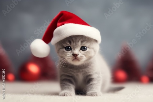 Cute kitten in Santa Claus hat or christmas red cap. British Shorthair breed cat. AI generated, human enhanced